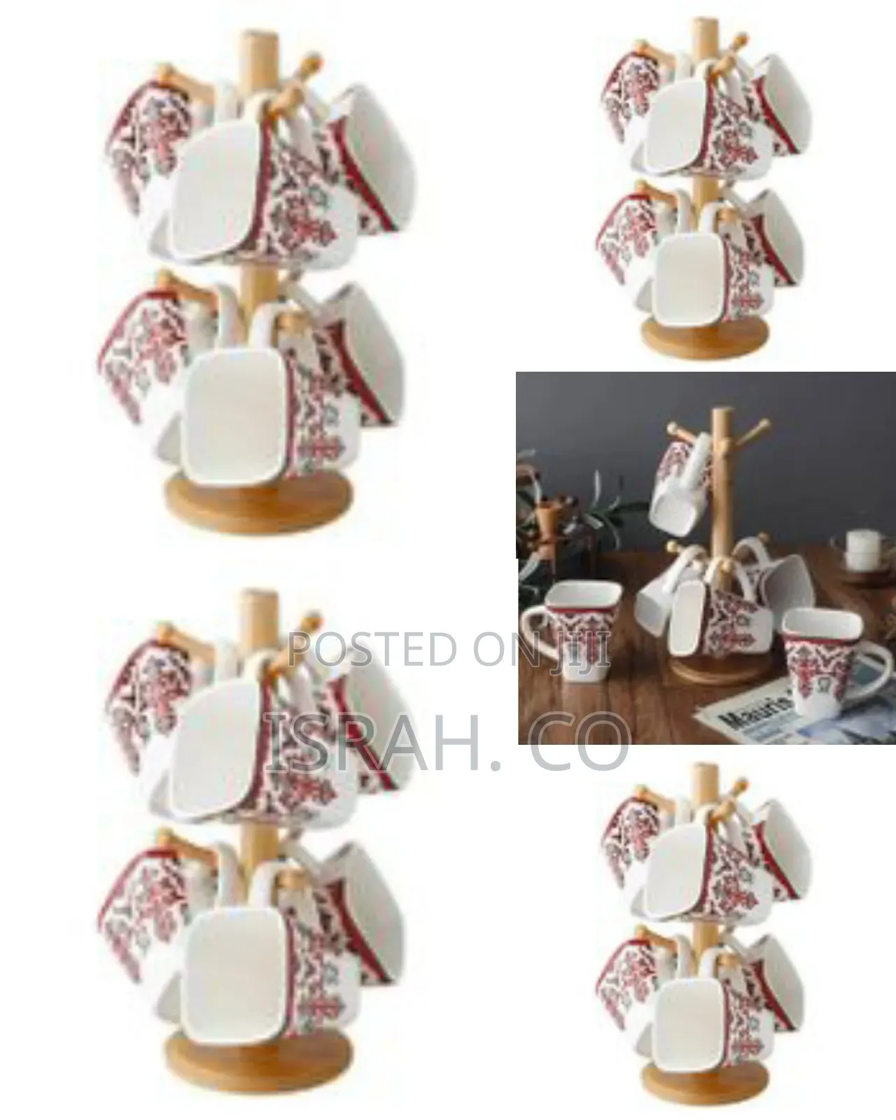 6 White Flowered Mugs Cups With Bamboo Stand Tree Holder