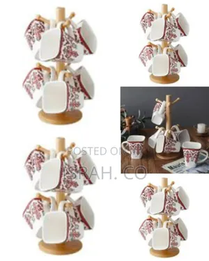 6 White Flowered Mugs Cups With Bamboo Stand Tree Holder