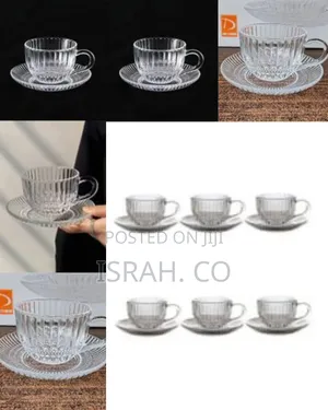 6 Pieces of Clear Ribbed Glass Tea Cups and Saucers Sets Coffee