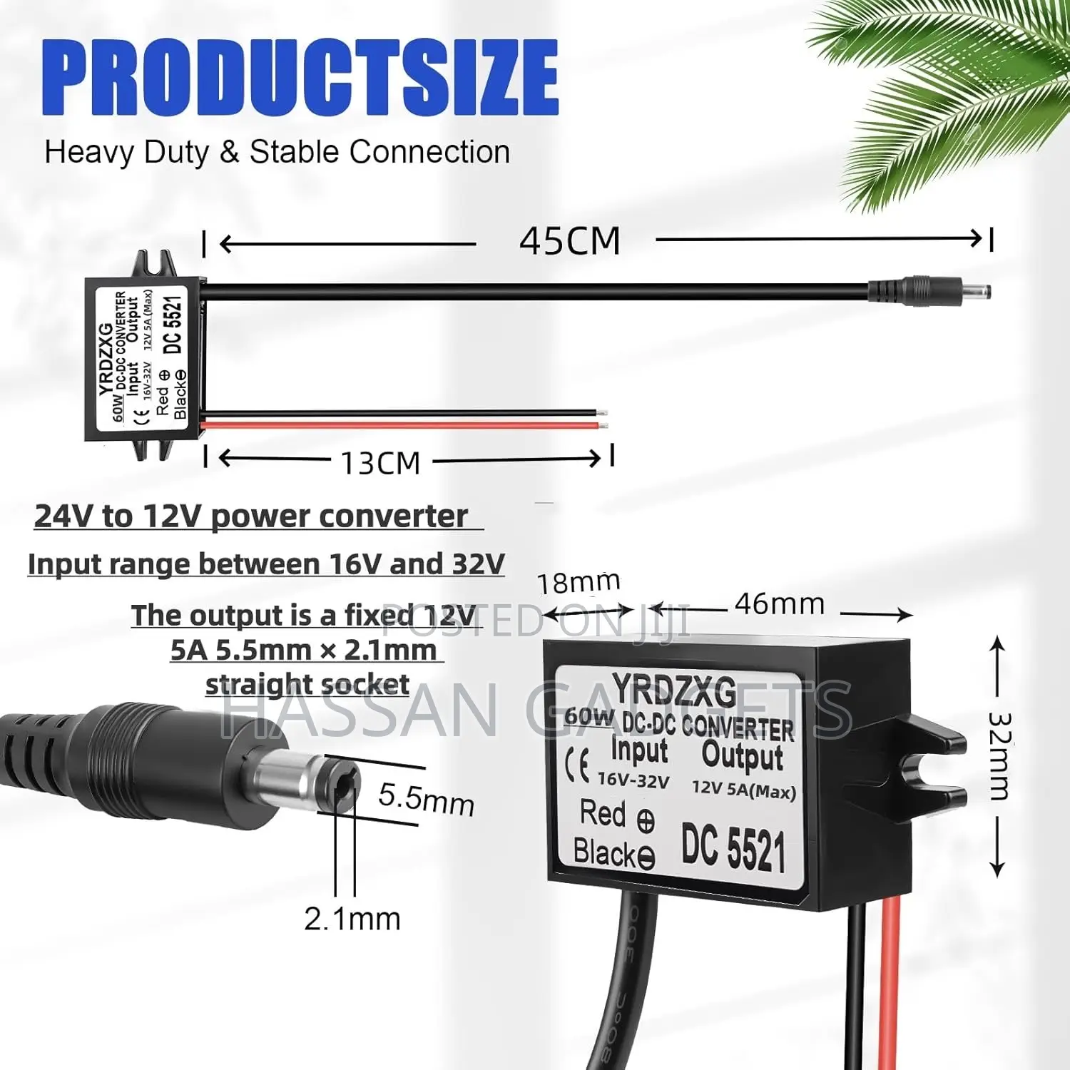 Dc 24v to 12v 5a Power Adapter Conversion, With 5.5mmx2.1mm Dc