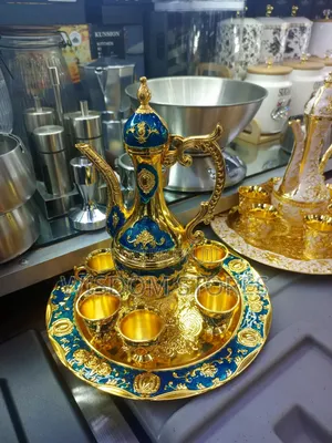 Vintage Turkish Coffee Pot Set in Blue and Gold.