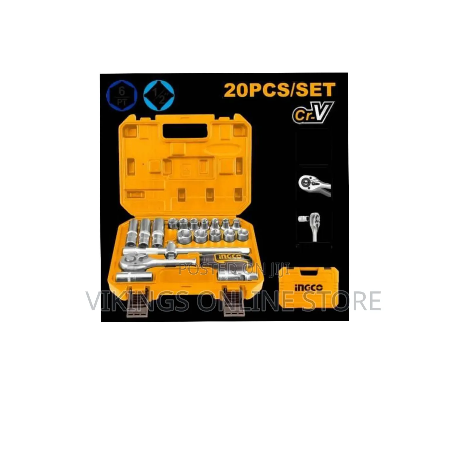 Ingco Hkts12201 20-Piece 1/2" Socket Set With Ratchet Handle - Silver