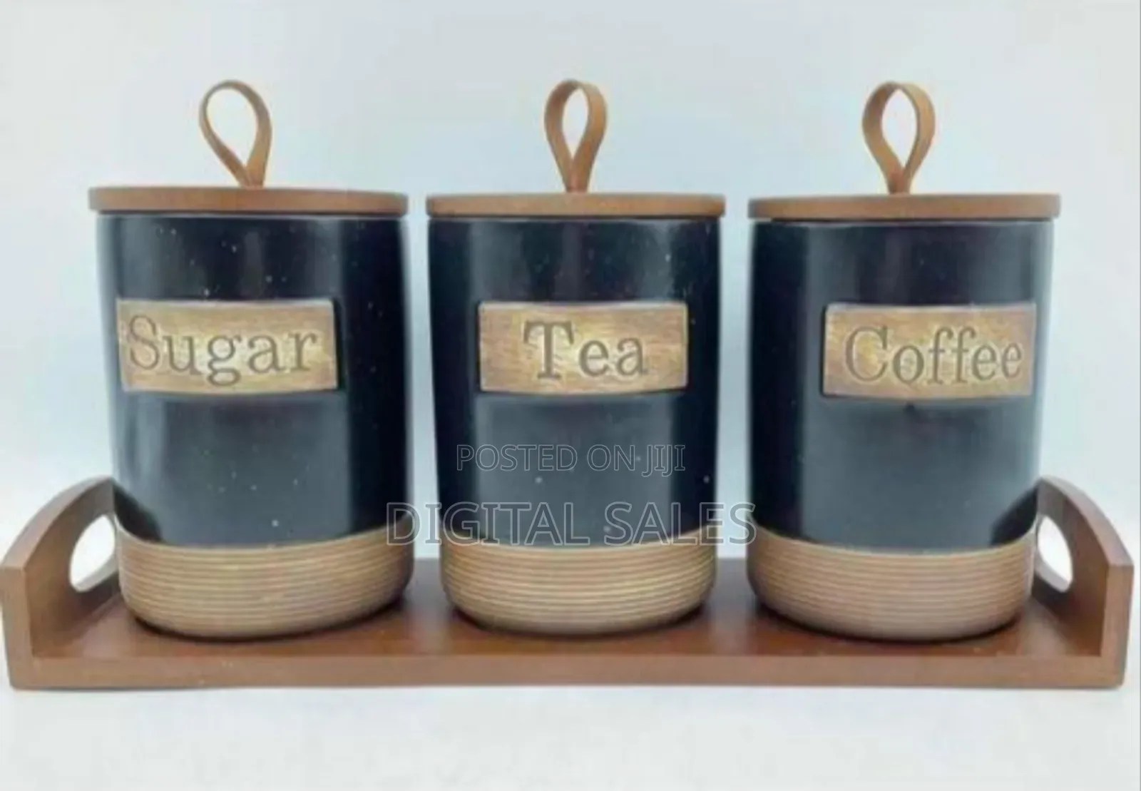 Rustic Kitchen Canister Set With Wooden Tray (Sugar, Tea, Coffee)