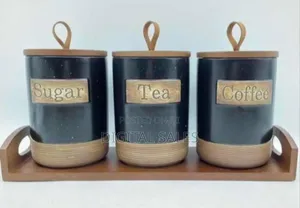 Rustic Kitchen Canister Set With Wooden Tray (Sugar, Tea, Coffee)