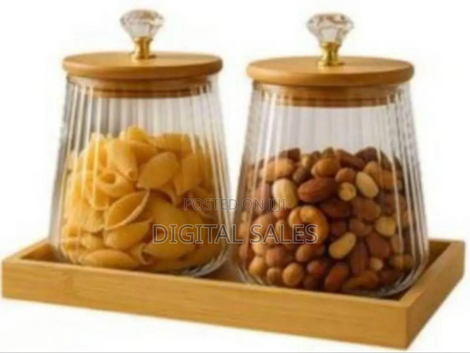 Set of Two Fluted Glass Storage Jars With Bamboo Tray