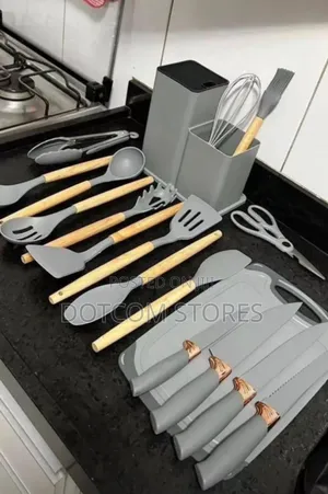 Grey Silicone Kitchen Utensil and Knife Set With Wooden Handles