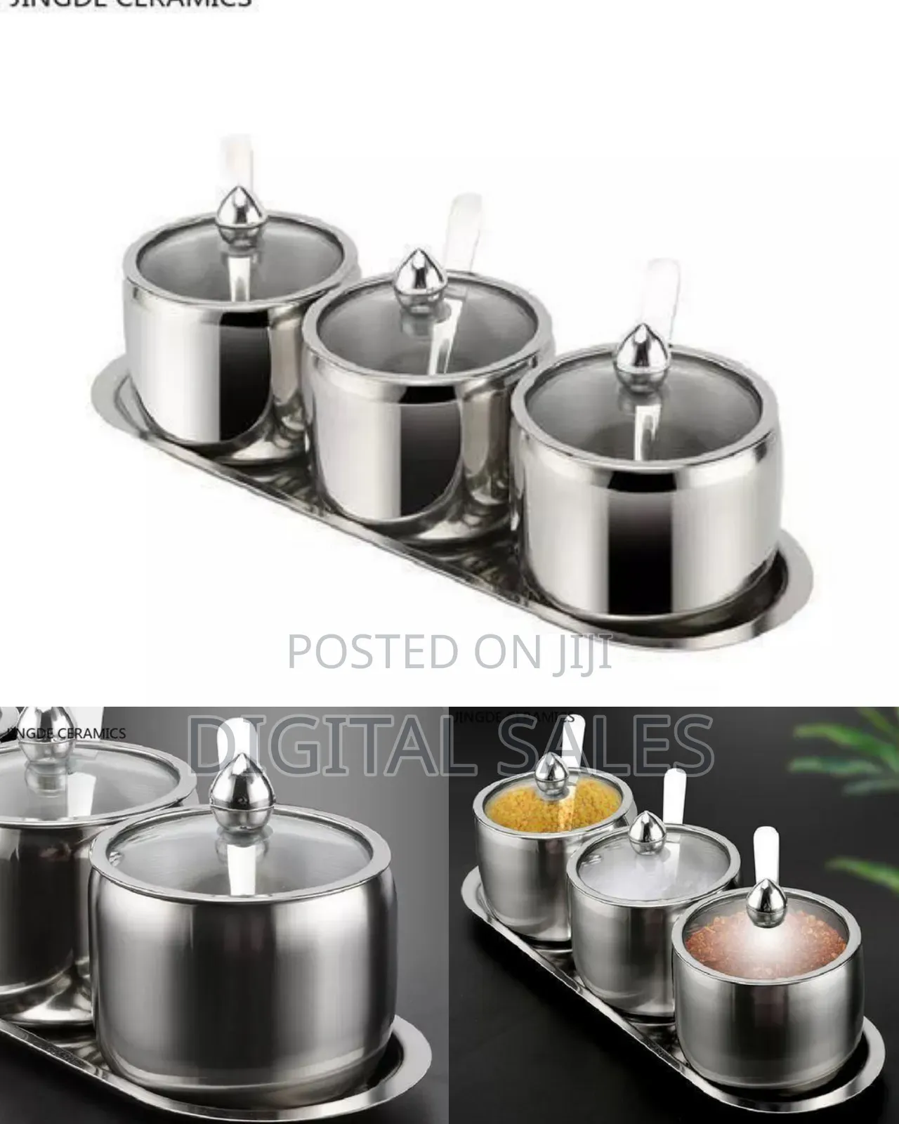 3-Piece Stainless Steel Spice Jar Set With Serving Tray - Silver