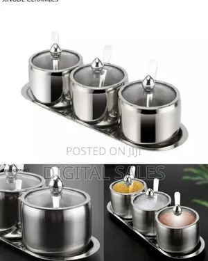 3-Piece Stainless Steel Spice Jar Set With Serving Tray - Silver