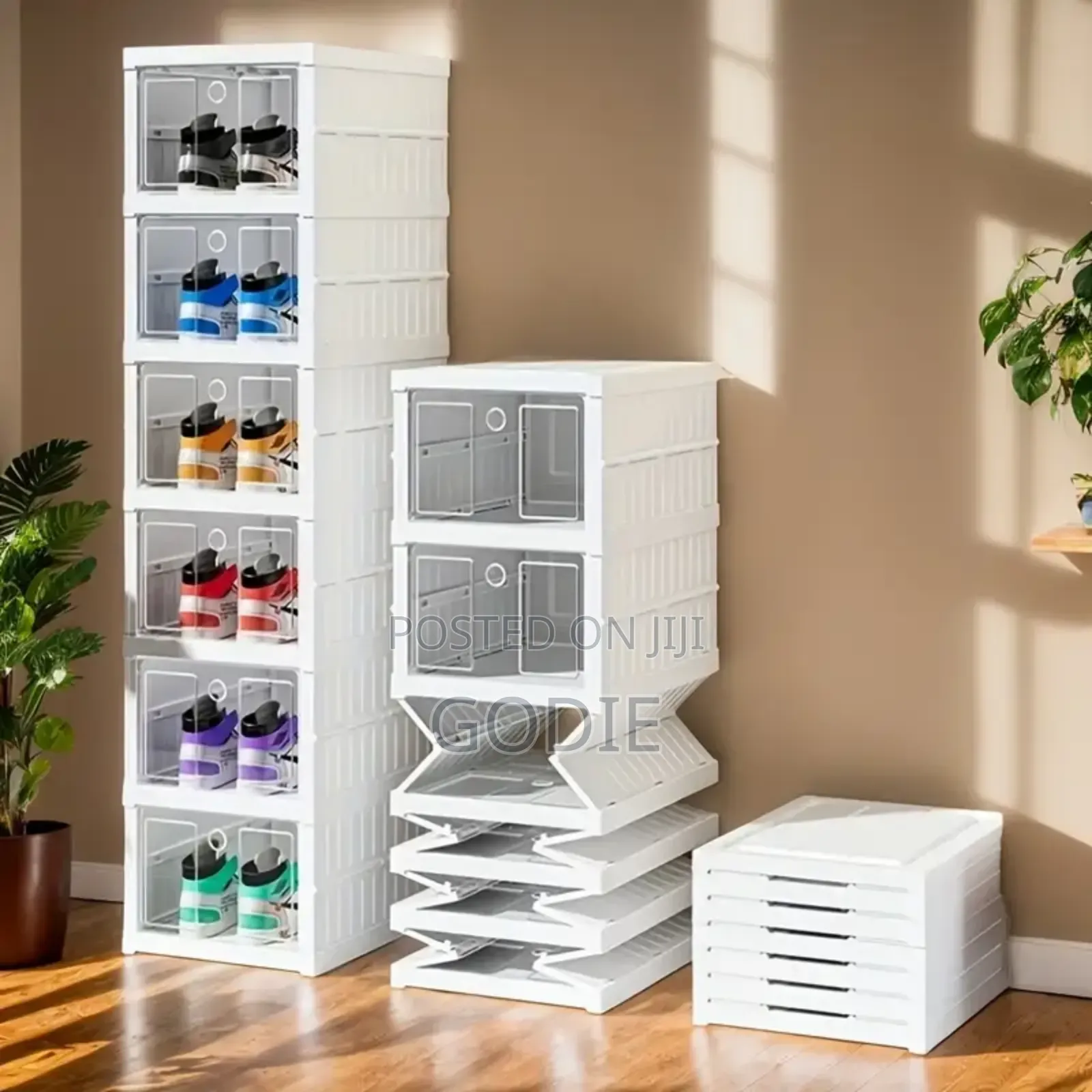 10-Tier Shoe Organizer Cabinet With Brown Semi-Transparent Doors.
