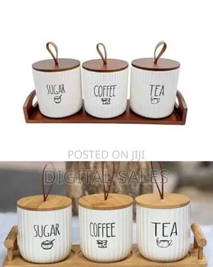 Ceramic Sugar, Coffee, and Tea Canister Set With Wooden Tray and Lids