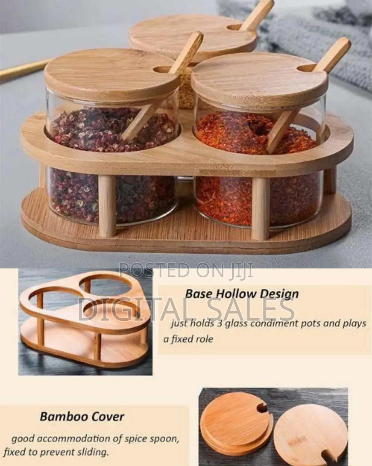 3-Piece Rotating Condiment Set With Clear Jars and Wooden Accessories