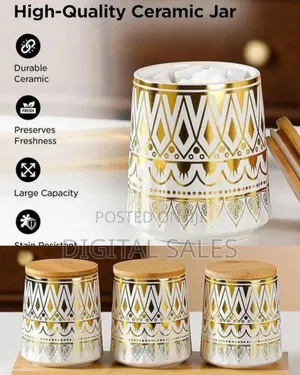 Elegant Ceramic Canister Set With Gold Geometric Pattern and Bamboo