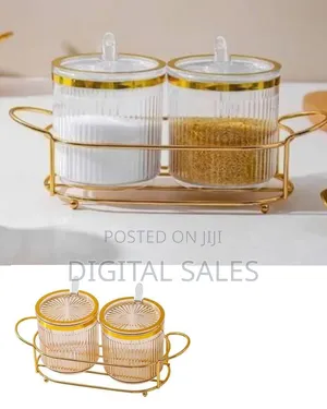 Elegant Fluted Glass Storage Jars Set With Golden Caddy