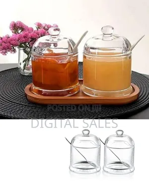Elegant Glass Condiment Jar 2-Piece Set With Wooden Tray