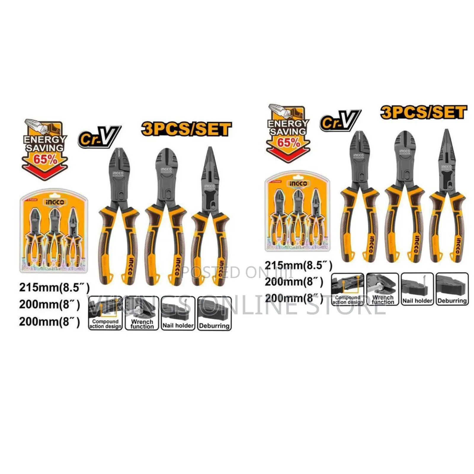 Ingco 3pcs Compound Action Pliers Insulated Pliers Set - Black/Yellow