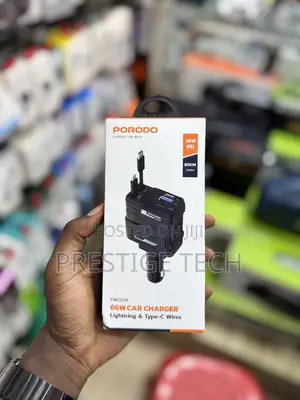 Porodo 66w Retractable Car Charger With Lightning & Type-c 80cm Cables