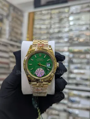 Gold Strapped Men's Green Face Rolex Officially Certified Analog Watch