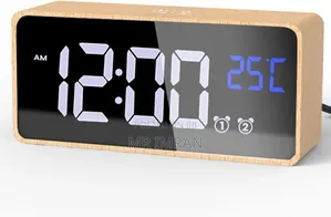 Modern Led Digital Alarm Clock With a Wood-Finished Casing.