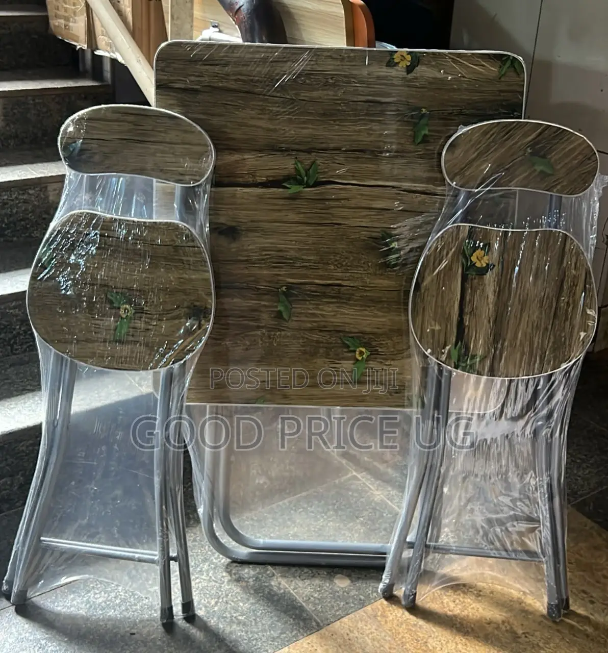 Foldable Table and Chair Set Featuring a Rustic Wooden