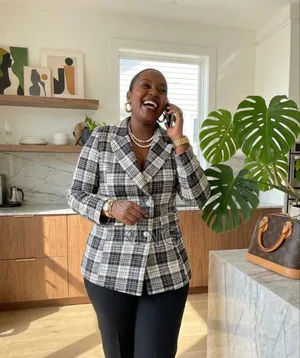 Women's Plaid Double-Breasted Blazer.