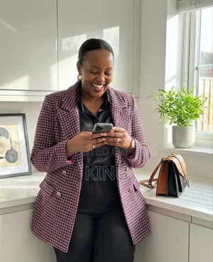 Women's Plaid Double-Breasted Blazer.