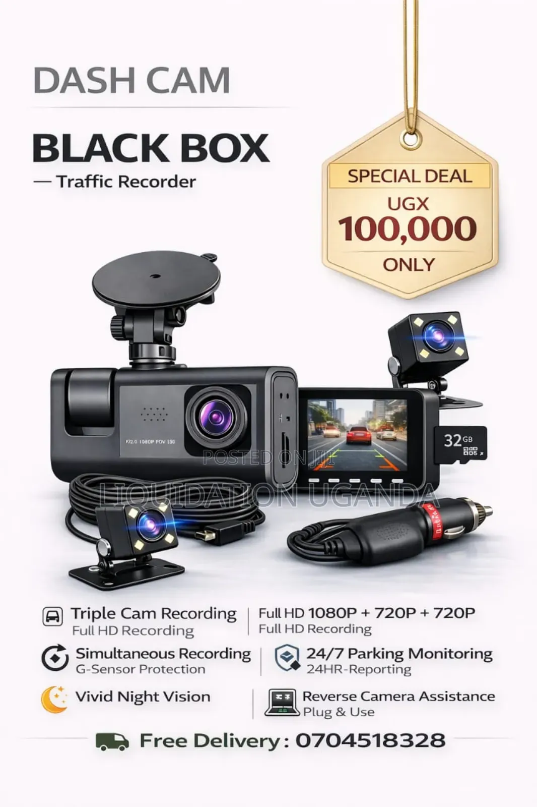 Dash Cam (Front, Rear Inside Cameras + Memory Card Support) –