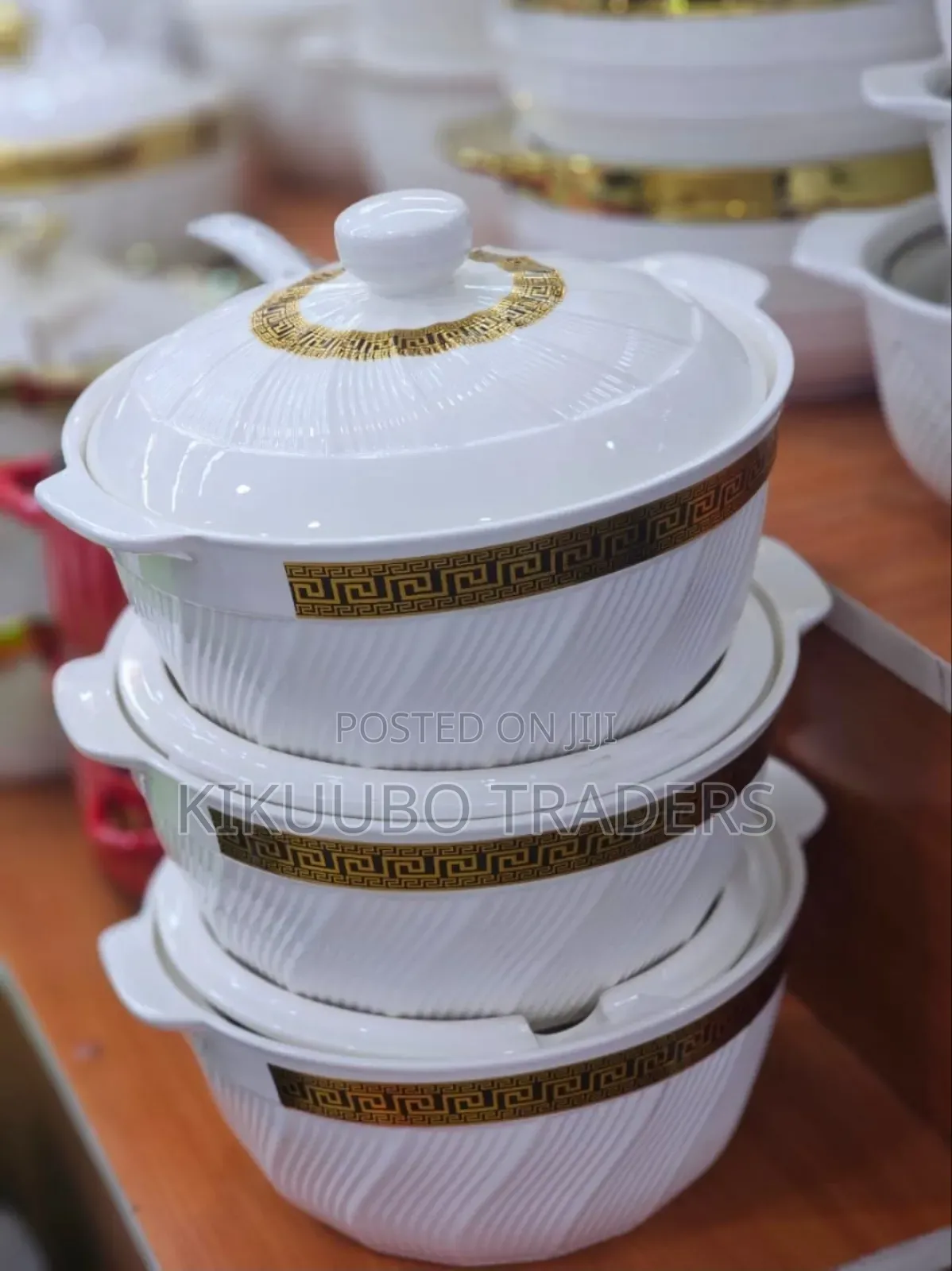 3-Piece White and Gold Ceramic Soup Pot Set