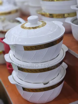 3-Piece White and Gold Ceramic Soup Pot Set