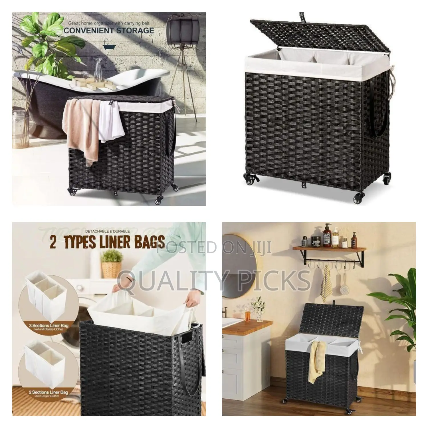 Laundry Basket With Wheels With Removable Liner Bag 3 Sections