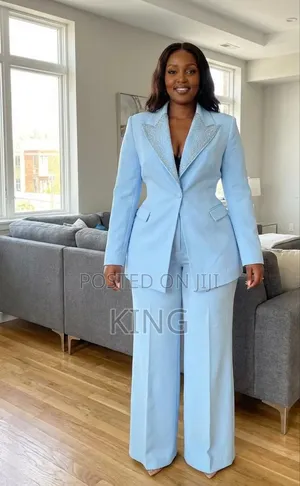 Ladies' Blazer Suit Set. Lapel Detailing and Matching Trousers