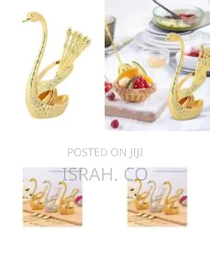 Elegant Golden Swan Cutlery Holder With Fruit Forks/Spoons Set