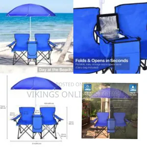 Double Folding Beach Chair With Umbrella Table Cooler and Bag