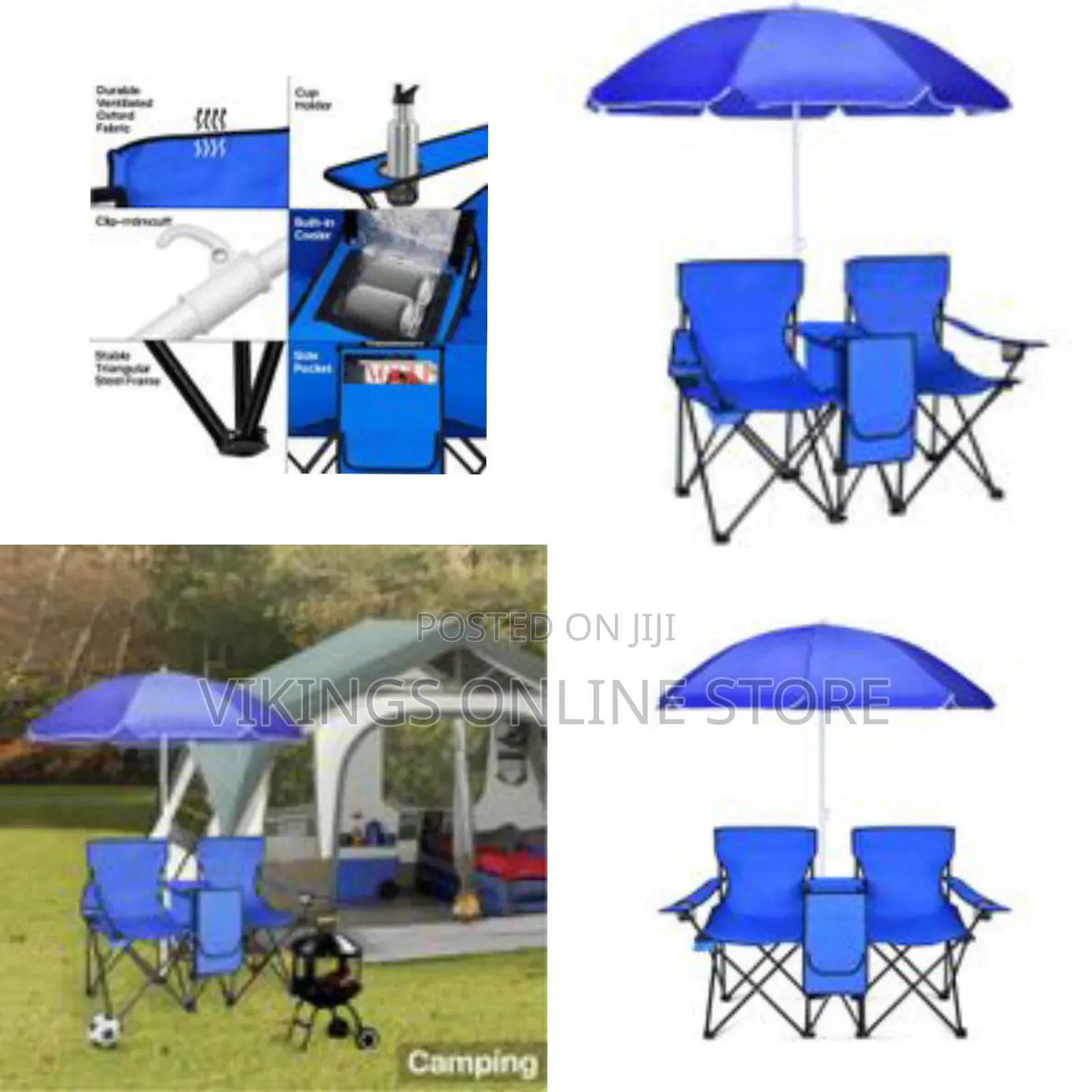 Double Folding Beach Chair With Umbrella Table Cooler and Bag