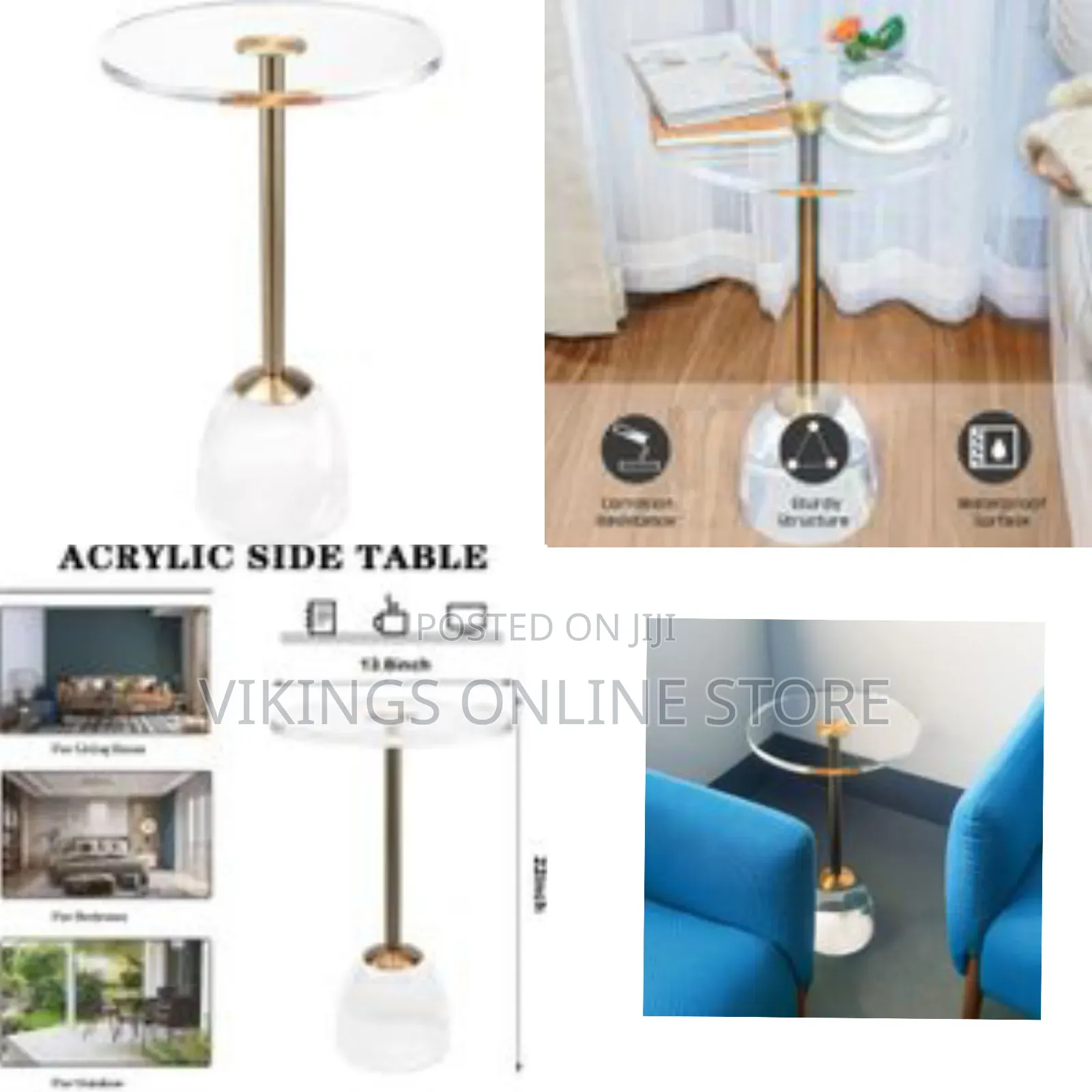 22.4 Inch Clear Acrylic End Table Brushed Brass Metal Round Corner