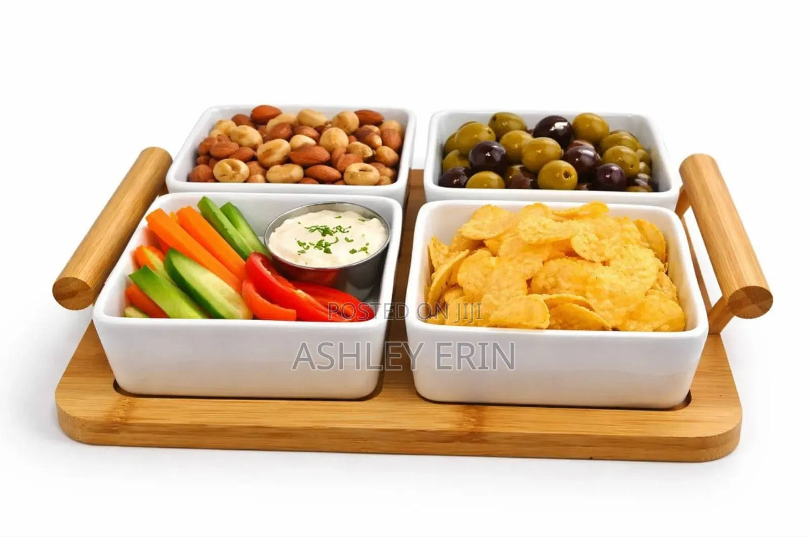 Ceramic Divided Serving Dishes and Bamboo Tray