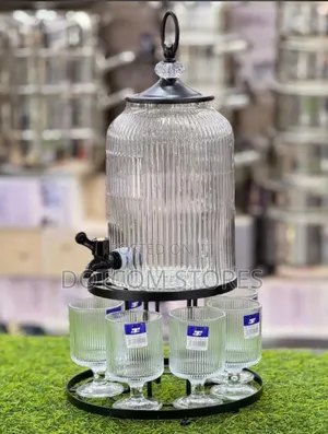 Glass Beverage Dispenser With Metal Stand Matching Drinking Glasses