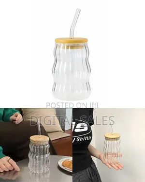 Wave Ripple Glass Drinking Tumbler With Wooden Lid and Glass Straw