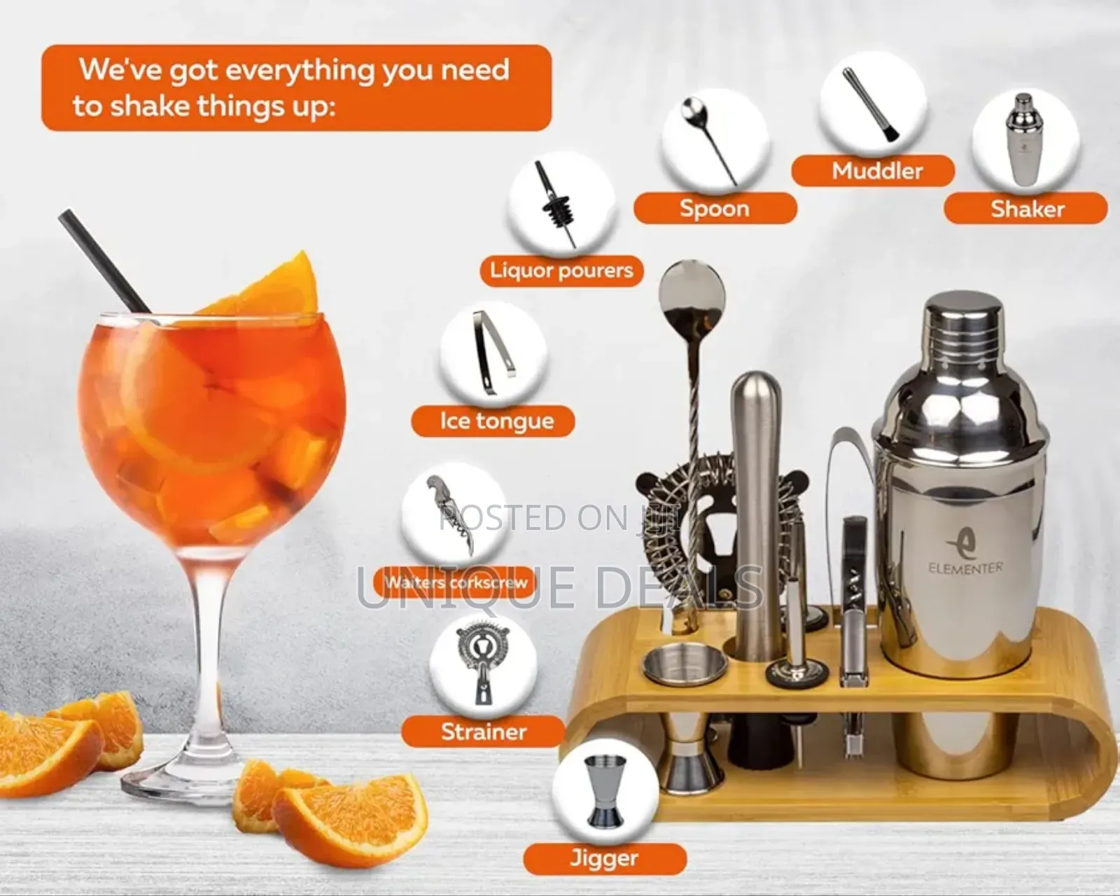 Stainless Steel Cocktail Shaker Set With Bamboo Stand