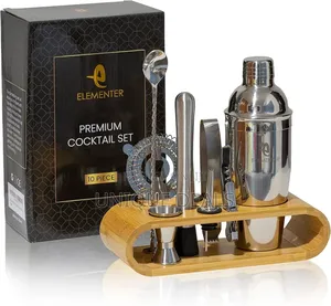 Stainless Steel Cocktail Shaker Set With Bamboo Stand