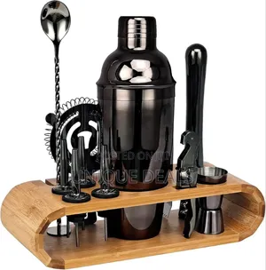 Black _Mixology Craft Cocktail Shaker Set With Bamboo Stand