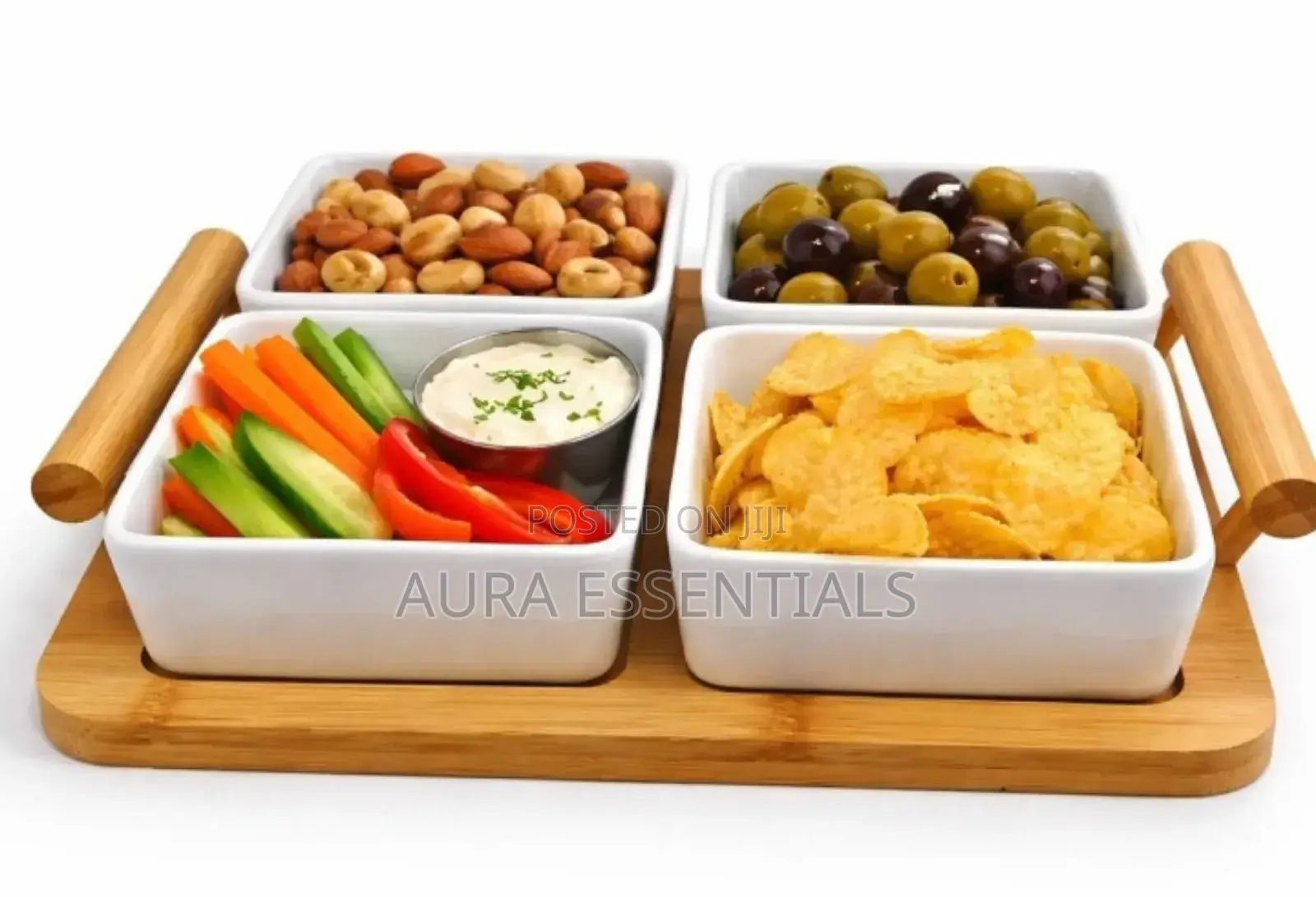 Ceramic Divided Serving Dishes and Bamboo Tray