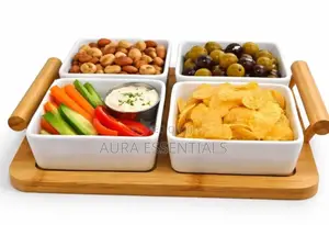 Ceramic Divided Serving Dishes and Bamboo Tray