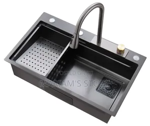 Black Stainless Steel Waterfall Kitchen Sink With a Pull-Down Tap,