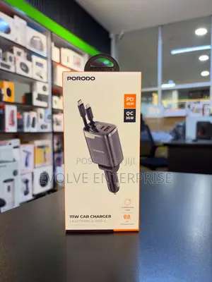 Porodo 111w Car Charger With Lightning Type-C Retractable Cables