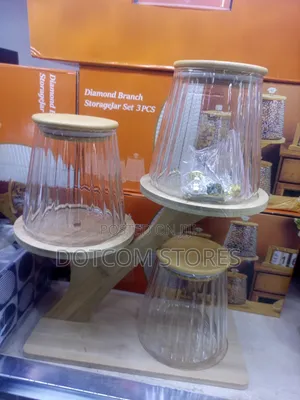 Elegant Fluted Glass Storage Jar Set With Tiered Bamboo Display Stand