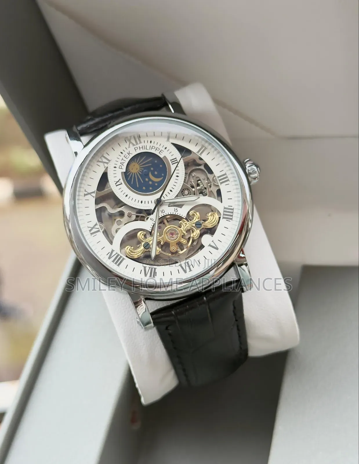 Silver Chrome Leather Strapped Men's Mechanical Patek Phillipe Watch