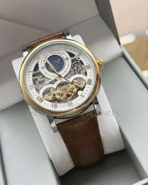 Brown Leather Strapped Patek Phillipe Gold Chrome Wrist Time Piece