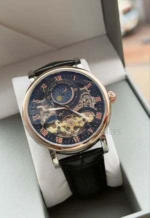 Gold Chrome Patek Philippe Men's Black Leather Strapped Wrist Watch
