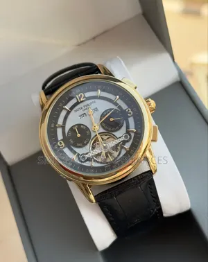 Patek Phillipe Gold Chrome Men's Mechanical Black Leather Strap Watch