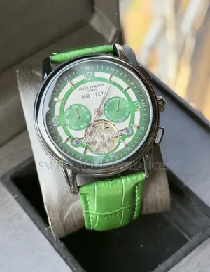 Patek Philippe Geneva Green Leather Strapped Mechanical Wrist Watch